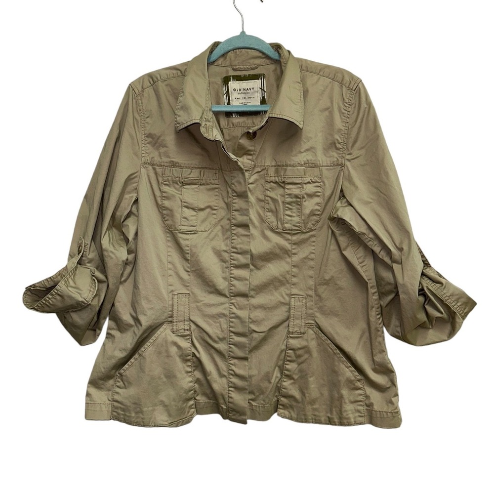 Vintage Old Navy Women's XXL‎ Khaki Utility Safari Jacket Roll Tab Cargo Pockets